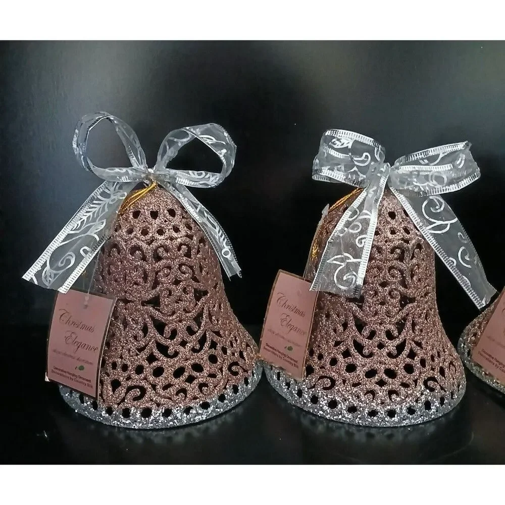 Holiday Hanging Bell Ornament Decorations Set of 4 Plastic Rose Gold/Glitter 6